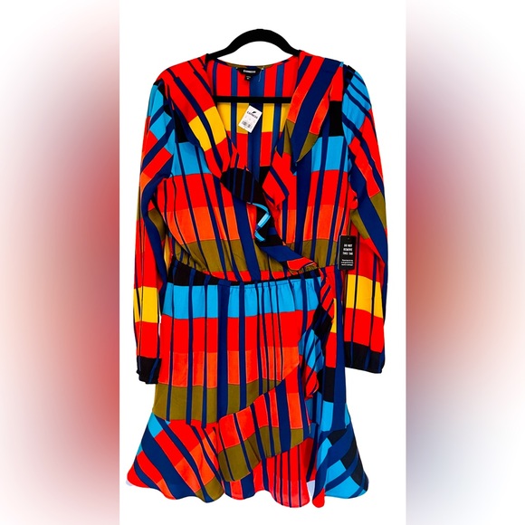 Express V-neck multi color, ruffle, long sleeve dress. - Picture 1 of 7